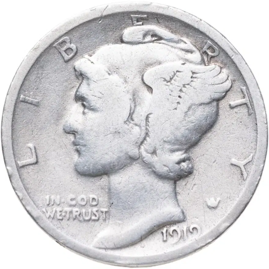 США 10 центов (дайм, one dime) 1919 Mercury Dime Без отметки монетного двора, аверс