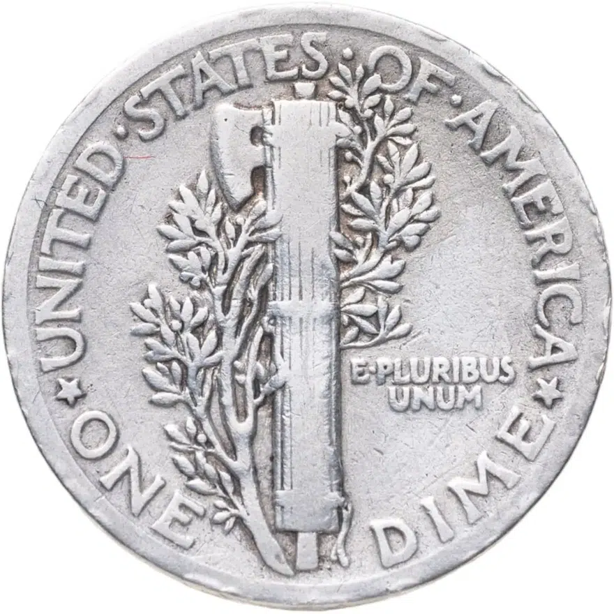 США 10 центов (дайм, one dime) 1919 Mercury Dime Без отметки монетного двора, реверс