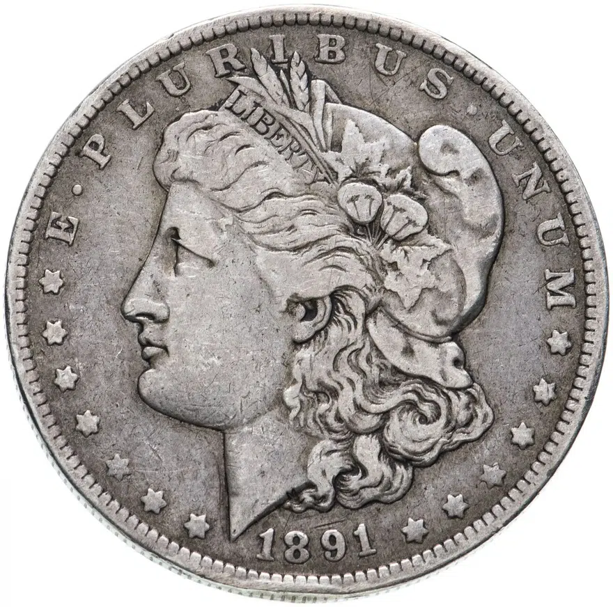 США 1 доллар (dollar) 1891 O Доллар Моргана знак монетного двора: "O" - Новый Орлеан, аверс