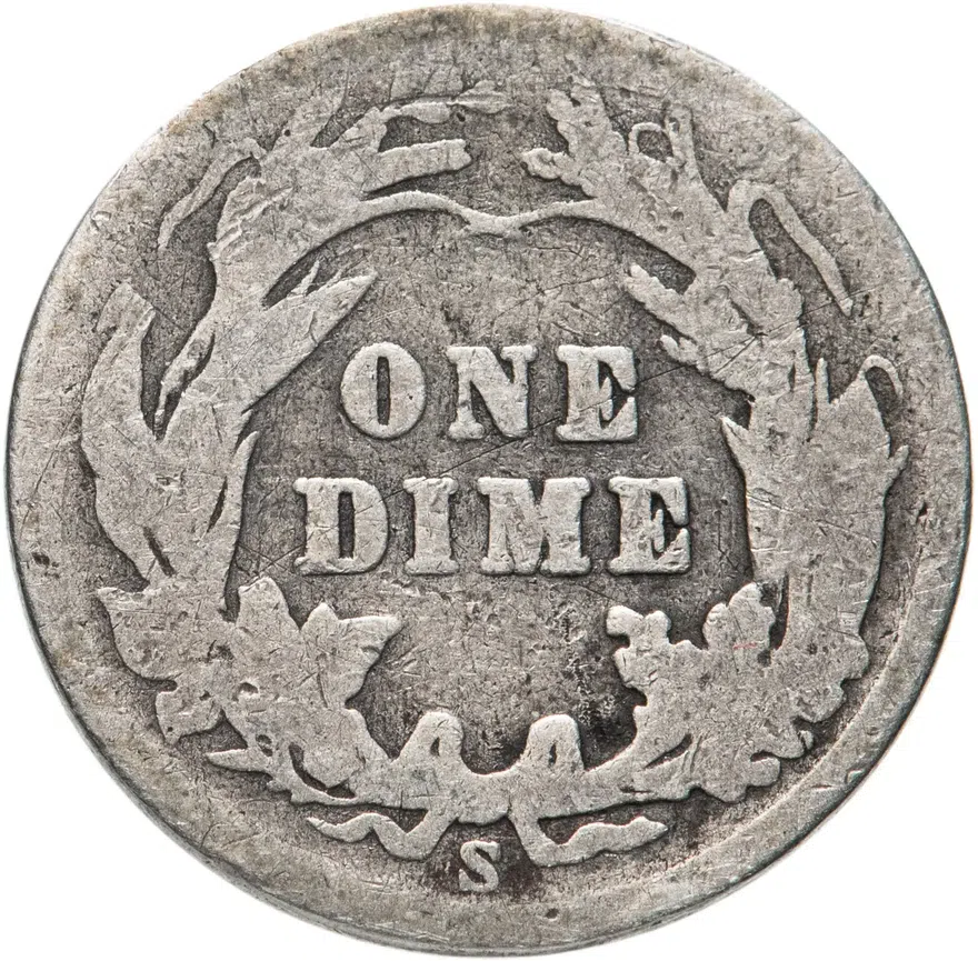 США 10 центов (дайм, one dime) 1905 S Barber Dime знак монетного двора: "S" - Сан-Франциско, аверс