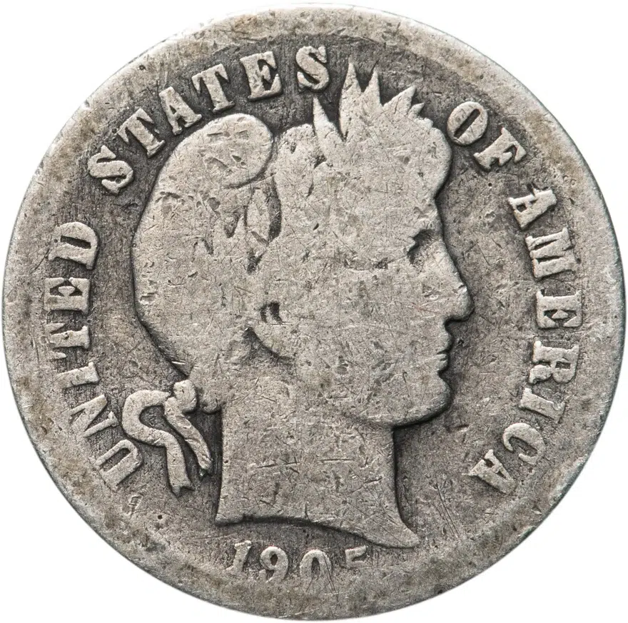 США 10 центов (дайм, one dime) 1905 S Barber Dime знак монетного двора: "S" - Сан-Франциско, реверс
