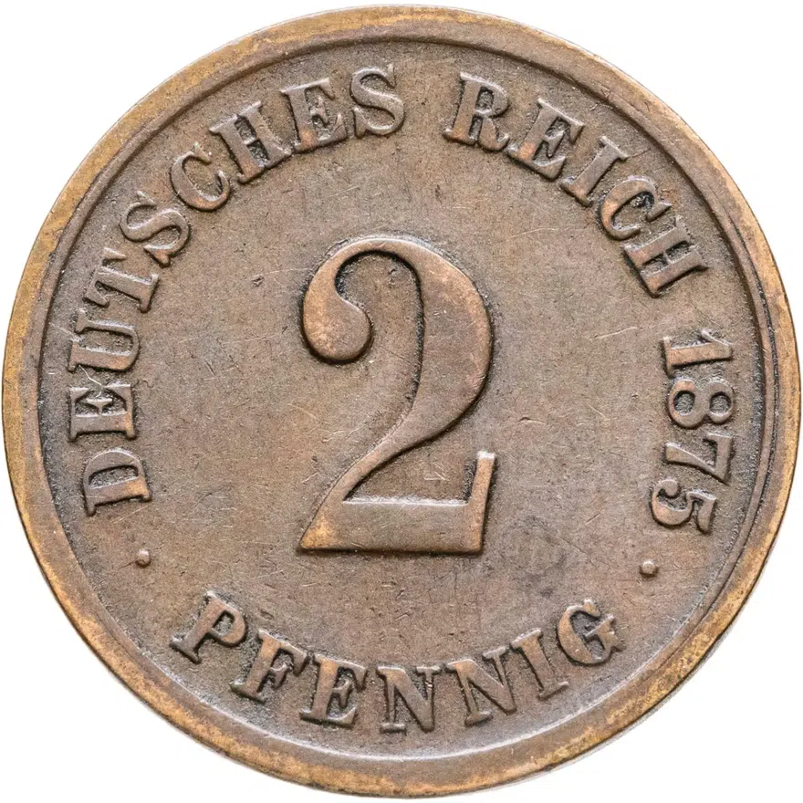 Германия 2 пфеннига (pfennig) 1875 G  знак монетного двора: "G" - Карлсруэ