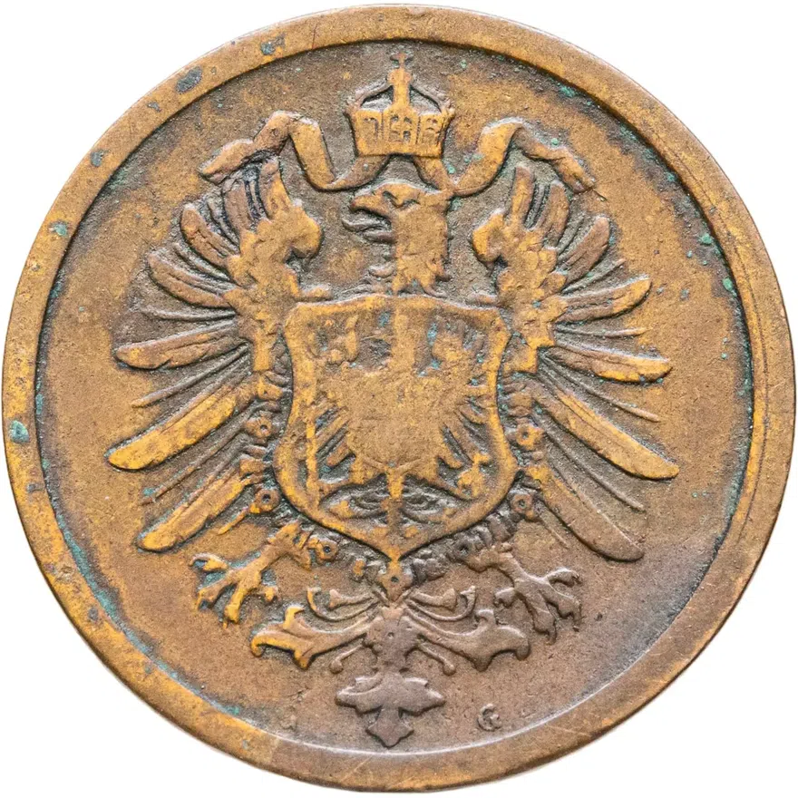 Германия 2 пфеннига (pfennig) 1875 G  знак монетного двора: "G" - Карлсруэ, реверс