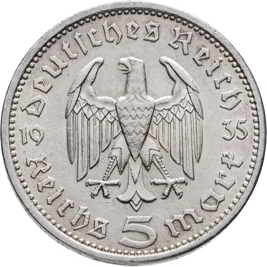 Германия 5 рейхсмарок (reichsmark) 1935  Гинденбург Третий рейх, реверс
