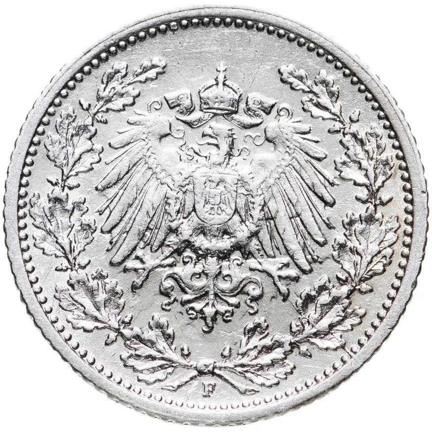 Германия 1/2 марки (mark) 1913 знак монетного двора: "F" - Штутгарт, реверс