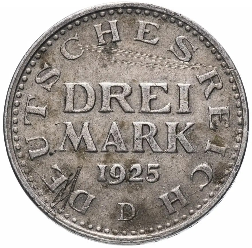 Германия 3 марки (mark) 1925 "D", реверс