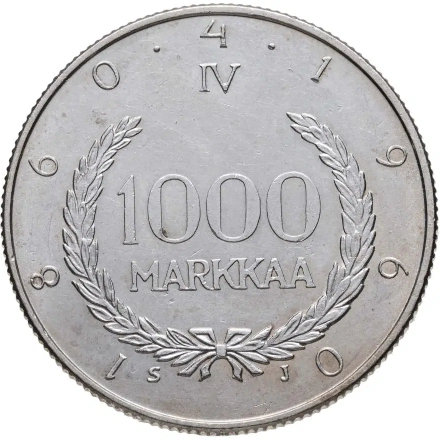 Финляндия 1000 марок 1960 SJ 100 лет валютной системе Снелльмана, реверс