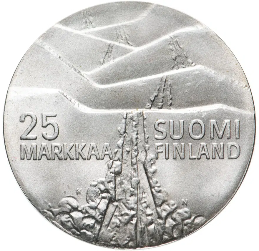 Финляндия 25 марок (markkaa) 1978 KN чемпионат Мира по лыжным видам спорта в Лахти, реверс