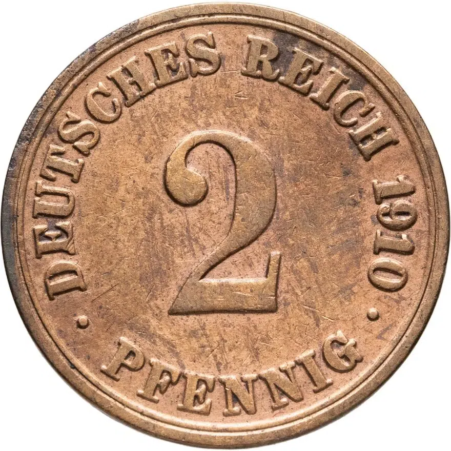 Германия 2 пфеннига (pfennig) 1910 A  знак монетного двора: "A" - Берлин, аверс