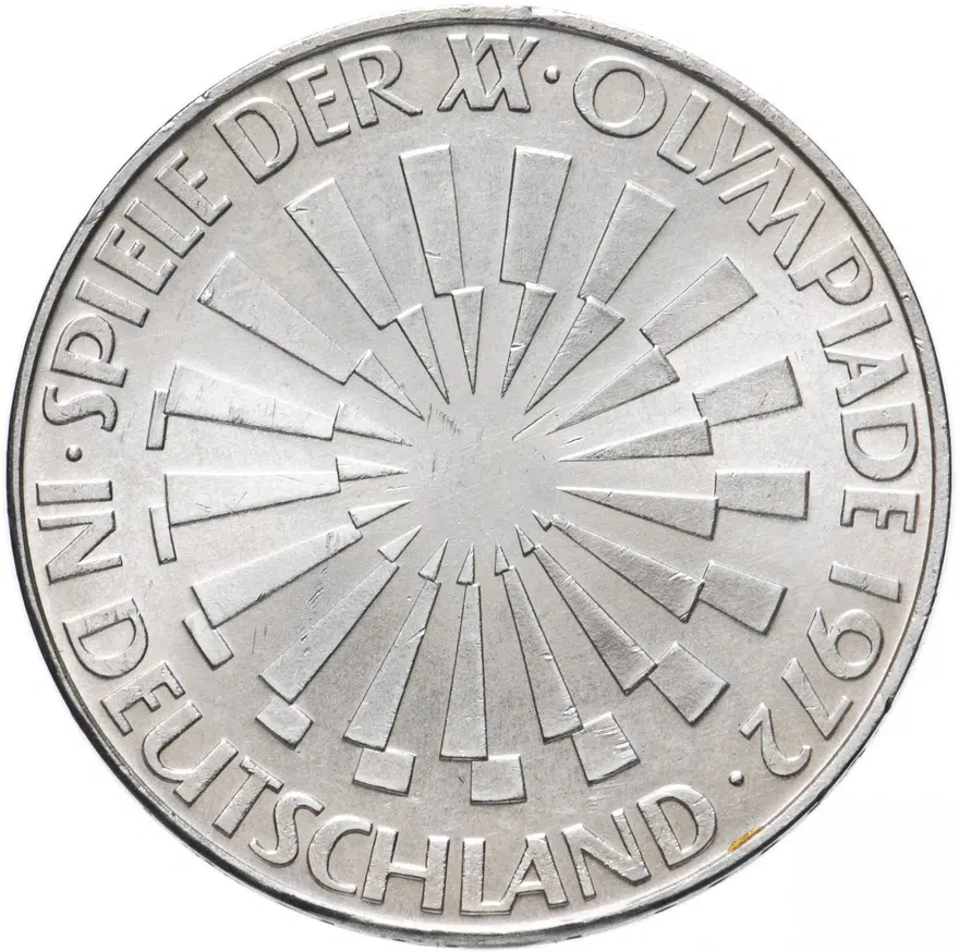 Германия 10 марок 1972 D  "XX летние Олимпийские Игры, Мюнхен 1972 - Эмблема "In München"", аверс