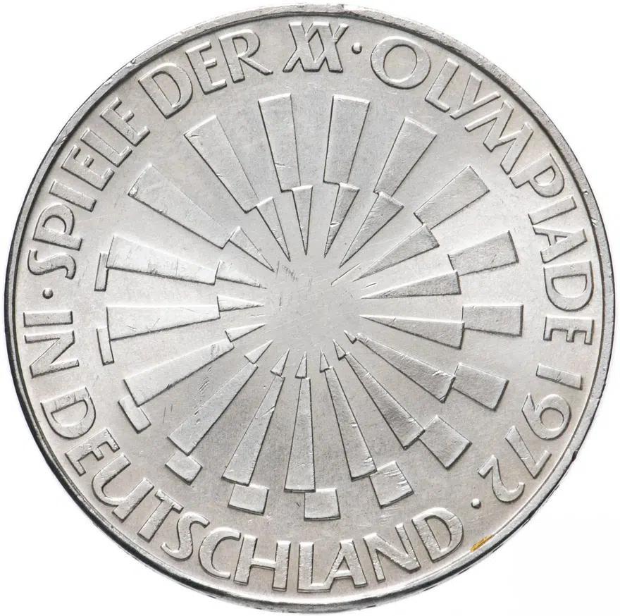 Германия 10 марок 1972 D  "XX летние Олимпийские Игры, Мюнхен 1972 - Эмблема "In München"", реверс