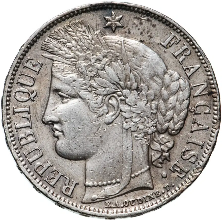 Франция 5 франков (francs) 1870 A Лицо влево, без 'LIBERTE·EGALITE·FRATERNITE' знак монетного двора: "A" - Париж