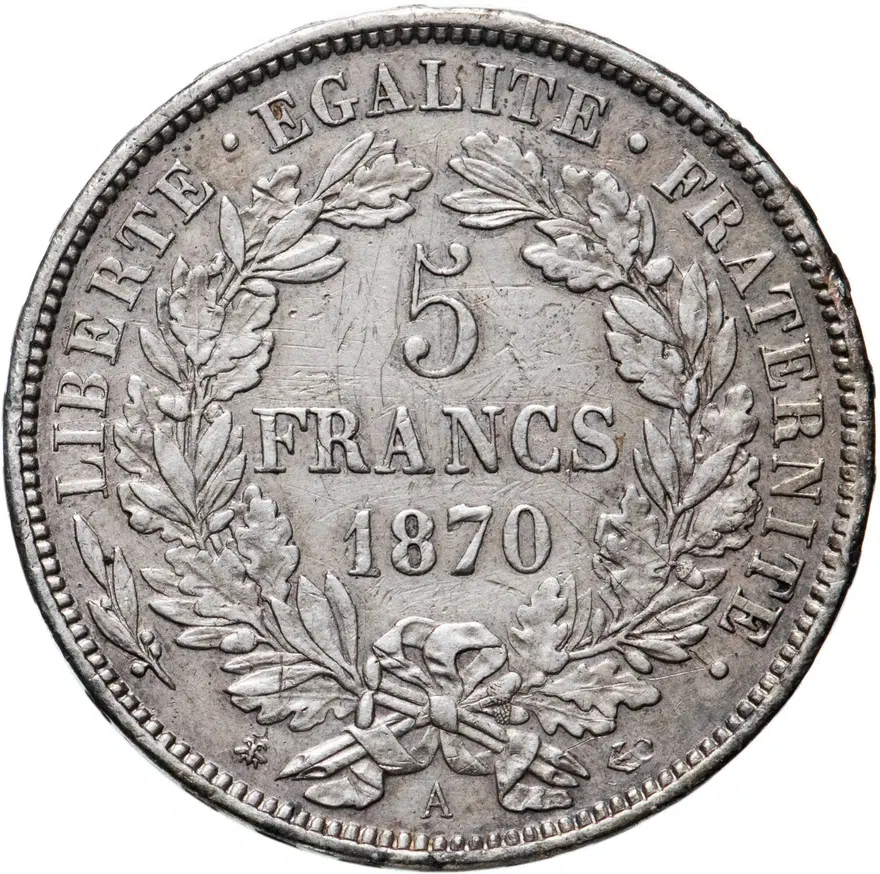 Франция 5 франков (francs) 1870 A Лицо влево, без 'LIBERTE·EGALITE·FRATERNITE' знак монетного двора: "A" - Париж, реверс