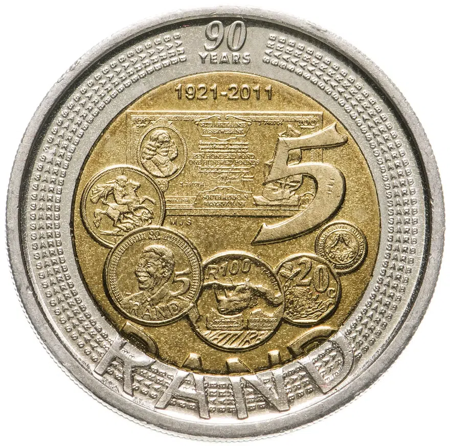ЮАР 5 рандов 2011 "90 лет Южноафриканскому Резервному Банку", аверс