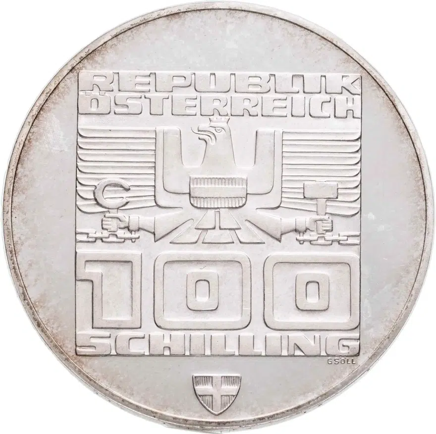 Австрия 100 шиллингов (shillings) 1976 "XII зимние Олимпийские Игры, Инсбрук 1976", реверс
