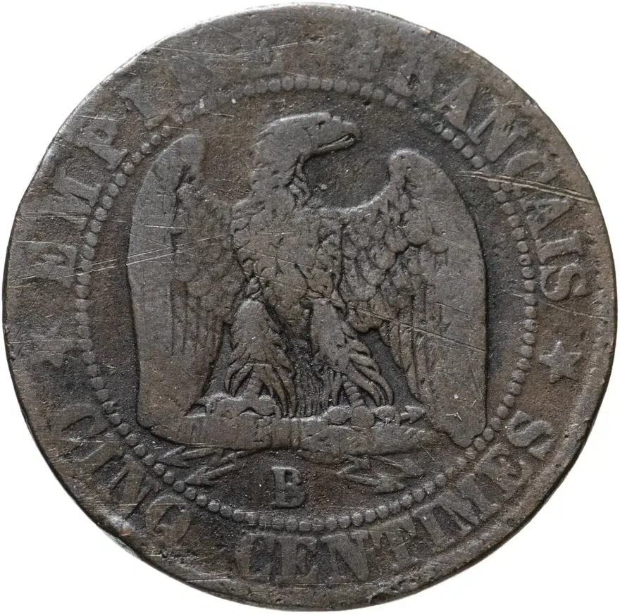 Франция 5 сантимов (centimes) 1855 B  знак монетного двора: "B" - Руан