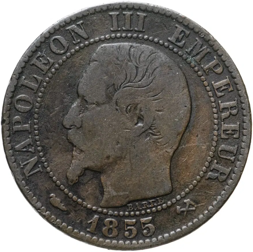 Франция 5 сантимов (centimes) 1855 B  знак монетного двора: "B" - Руан, реверс