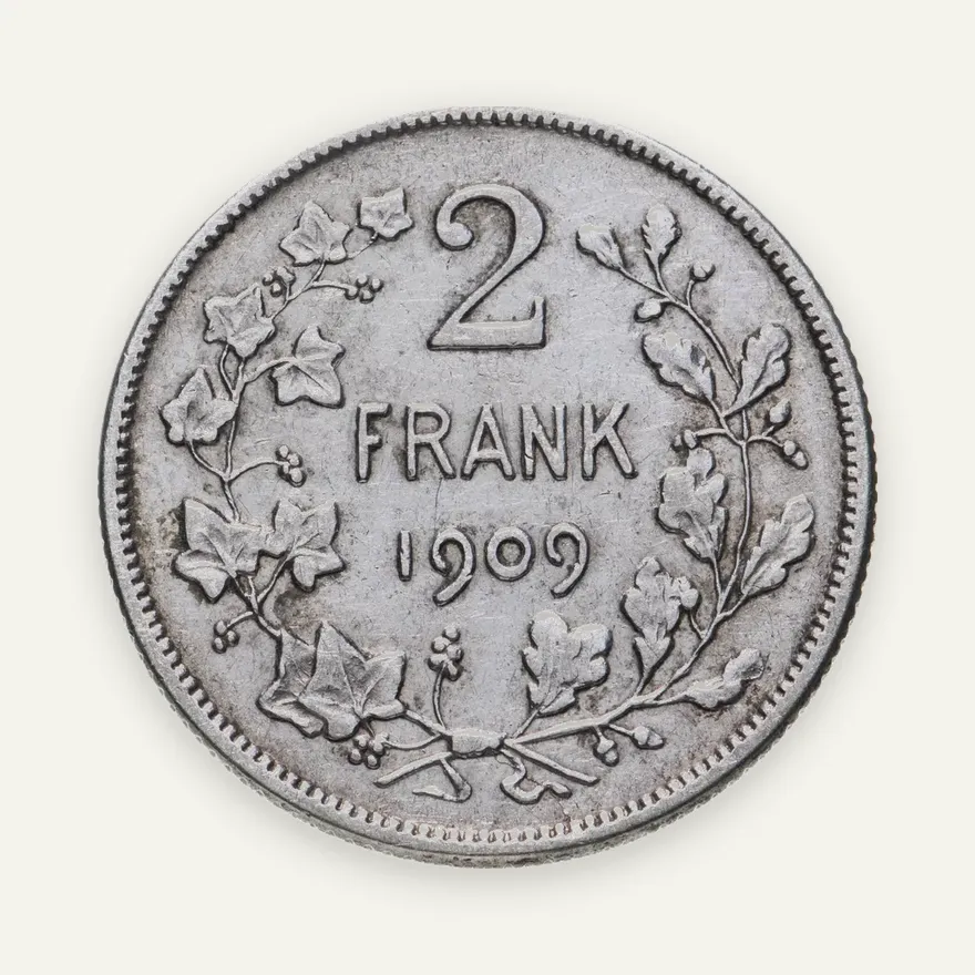 Бельгия 2 франка (francs) 1909   надпись на голландском - "DER BELGEN", реверс
