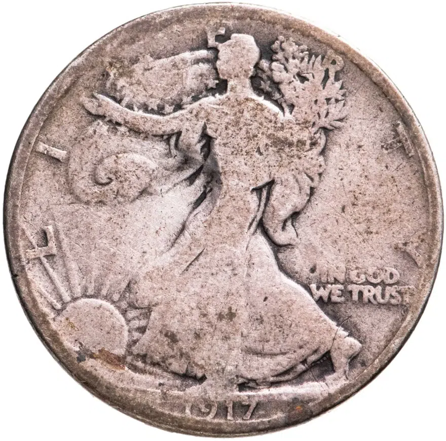 США 50 центов (1/2 доллара, half dollar) 1917  Walking Liberty Half Dollar Без отметки монетного двора