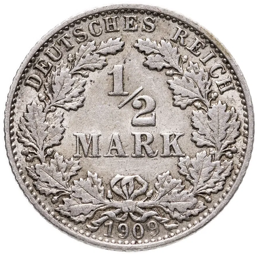 Германия 1/2 рейх марки 1909 "J", аверс