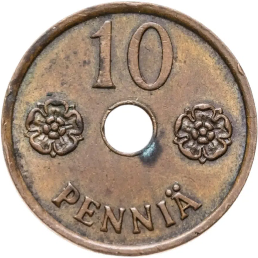 Финляндия 10 пенни (pennia) 1941 с центральным отверстием, аверс