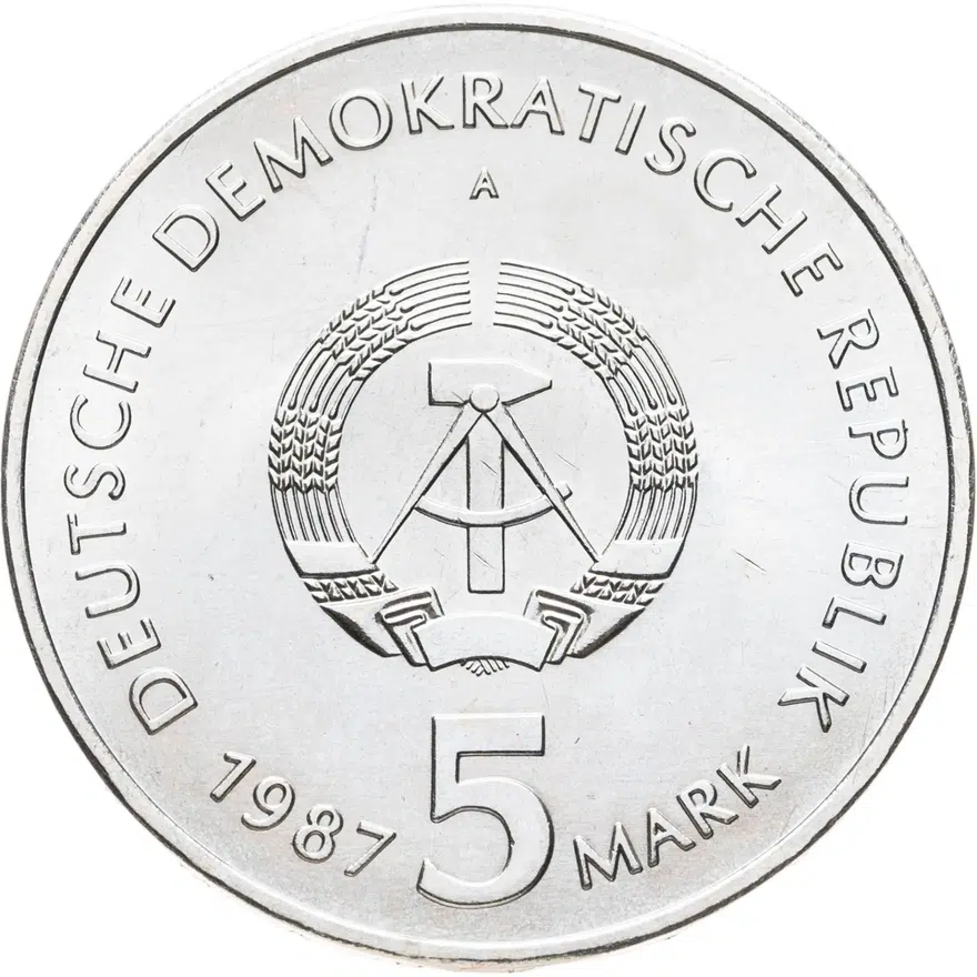 Германия (ГДР) 5 марок (mark) 1987 "750 лет Берлину – Александрплац", реверс