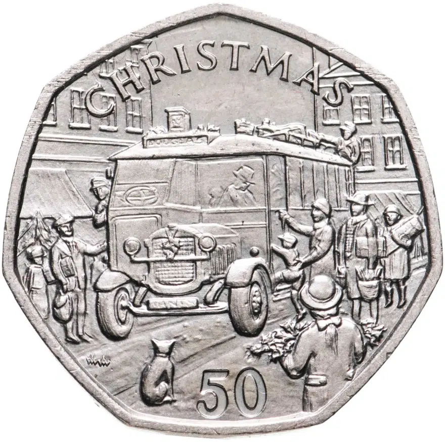 Остров Мэн. 50 пенсов (pence) 1987. "Рождество", отметка штемпеля "AA"