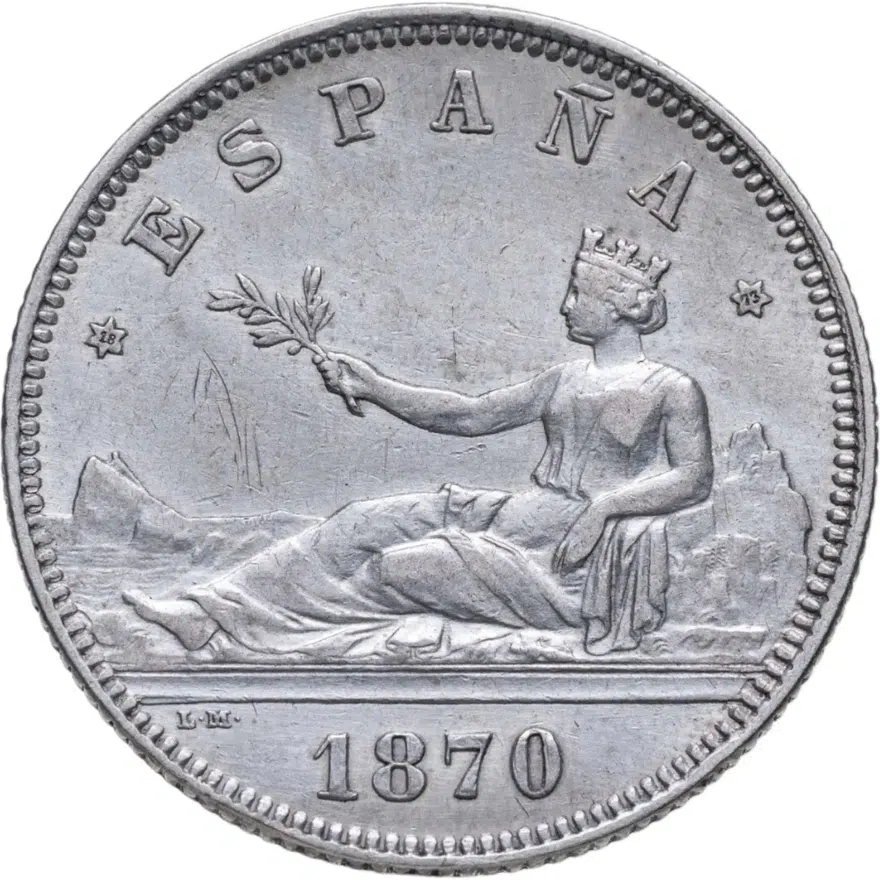 Испания 2 песеты (pesetas) 1870, 73 внутри звезд, реверс