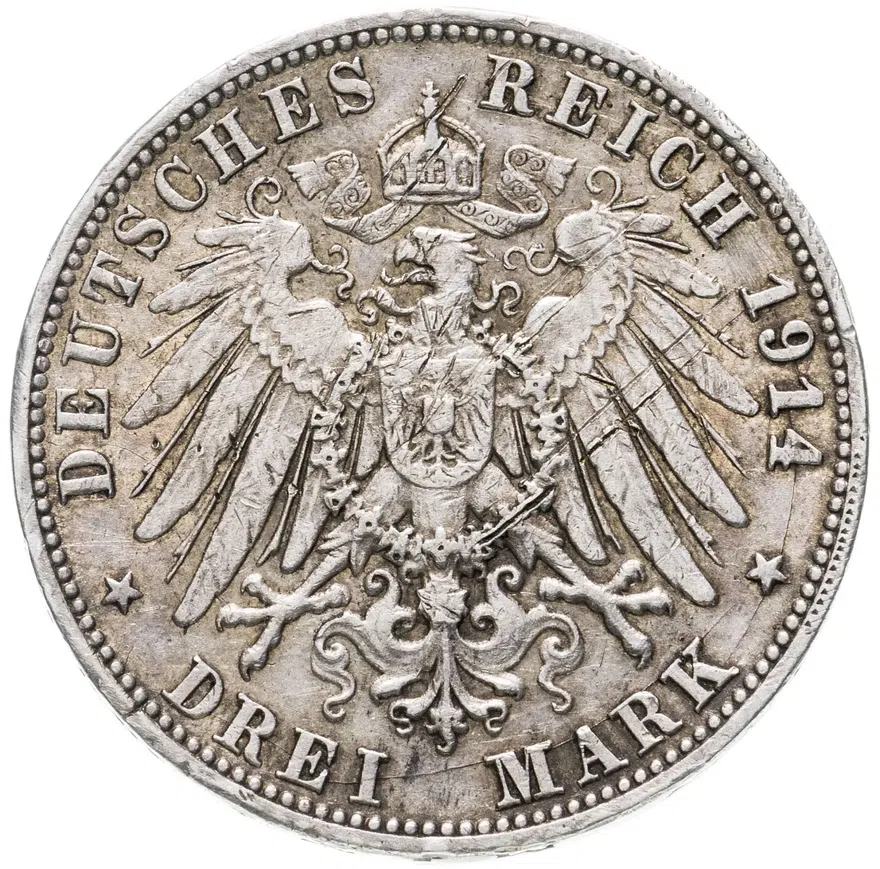 Германия (Империя) 3 марки (mark) 1914 F  Вюртемберг, реверс