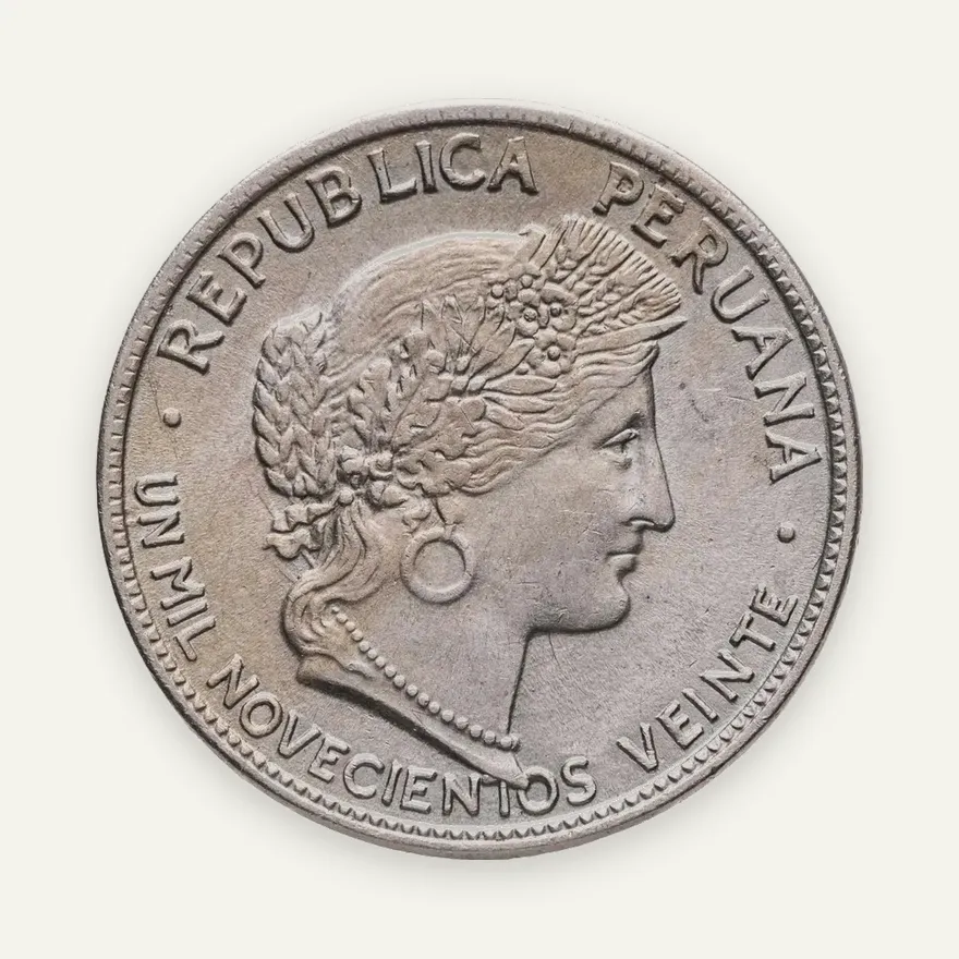 Перу 10 сентаво (centavos) 1920  UN MIL NOVECIENTOS VEINTE, реверс