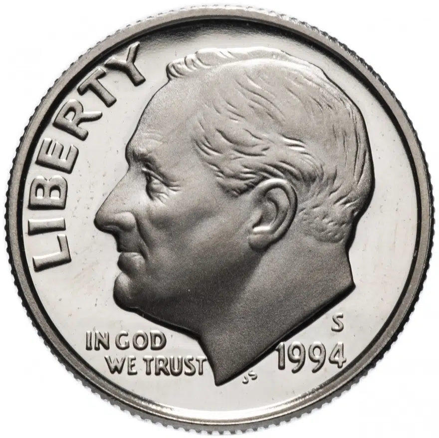 США 10 центов (дайм, one dime) 1994 S Proof Roosevelt Dime (Рузвельт) знак монетного двора "S", аверс