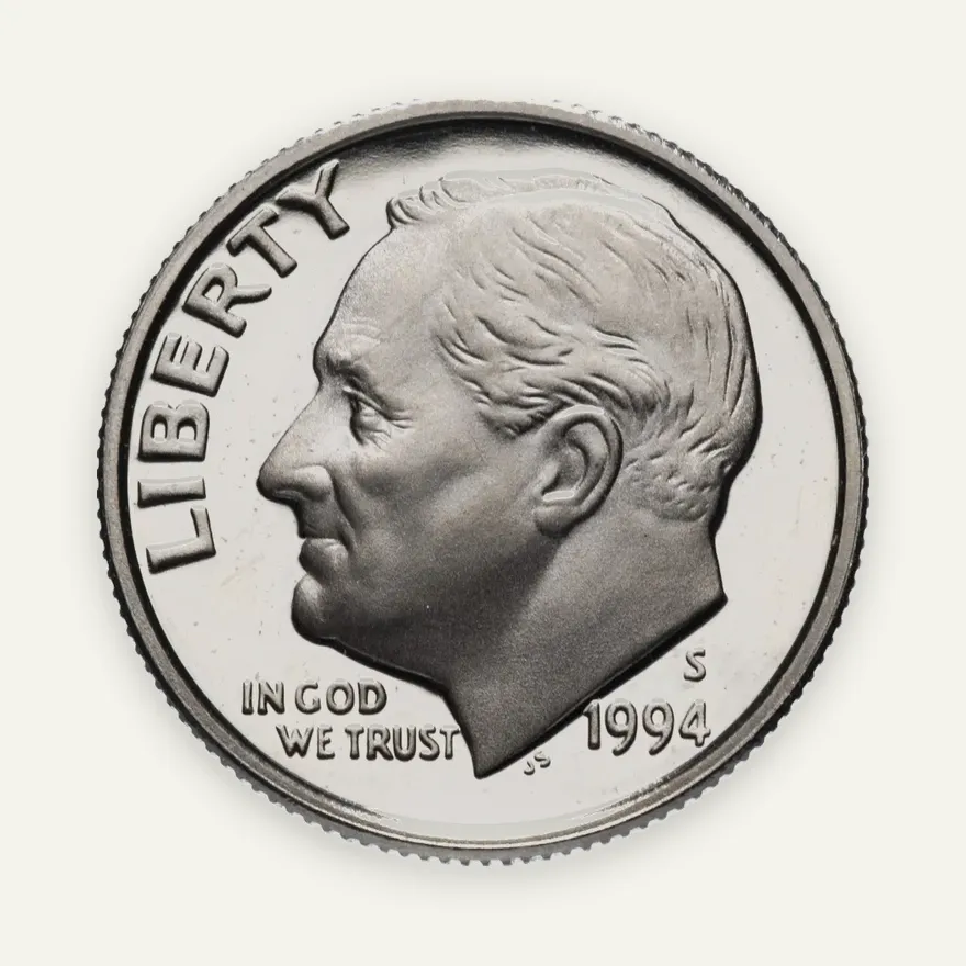 США 10 центов (дайм, one dime) 1994 S Proof Roosevelt Dime (Рузвельт) знак монетного двора "S", реверс