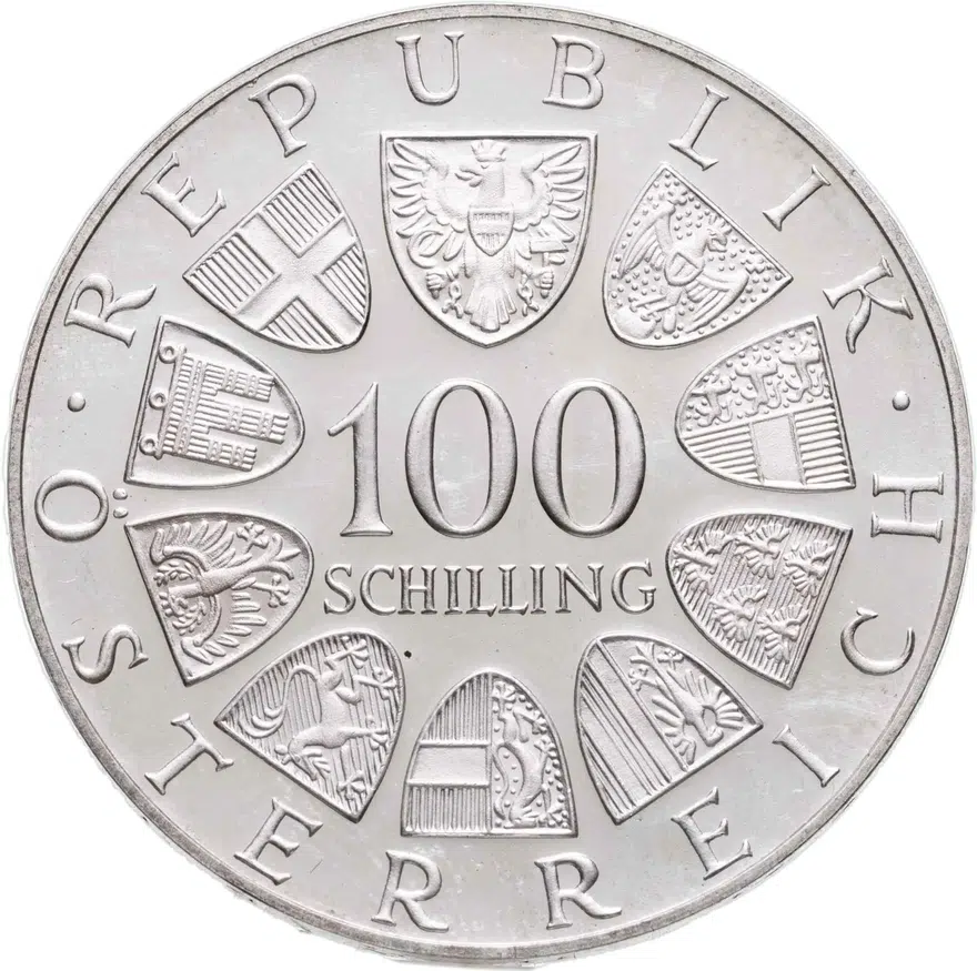 Австрия 100 шиллингов (schilling) 1975 Proof "150 лет со дня рождения Иоганна Штрауса", реверс