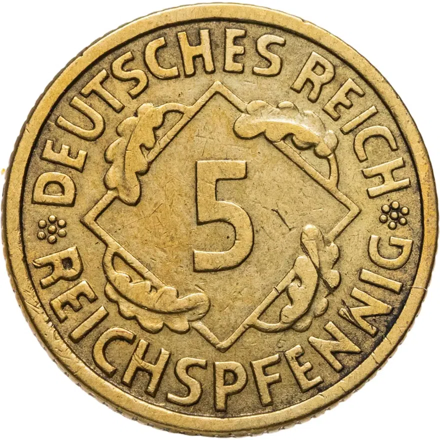 Германия 5 рейхспфеннигов (reichspfennig) 1930 A знак монетного двора "A" — Берлин, реверс
