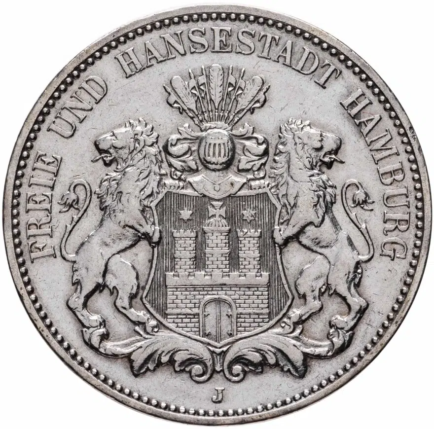 Германия (Империя) 3 марки (mark) 1908 J  Гамбург