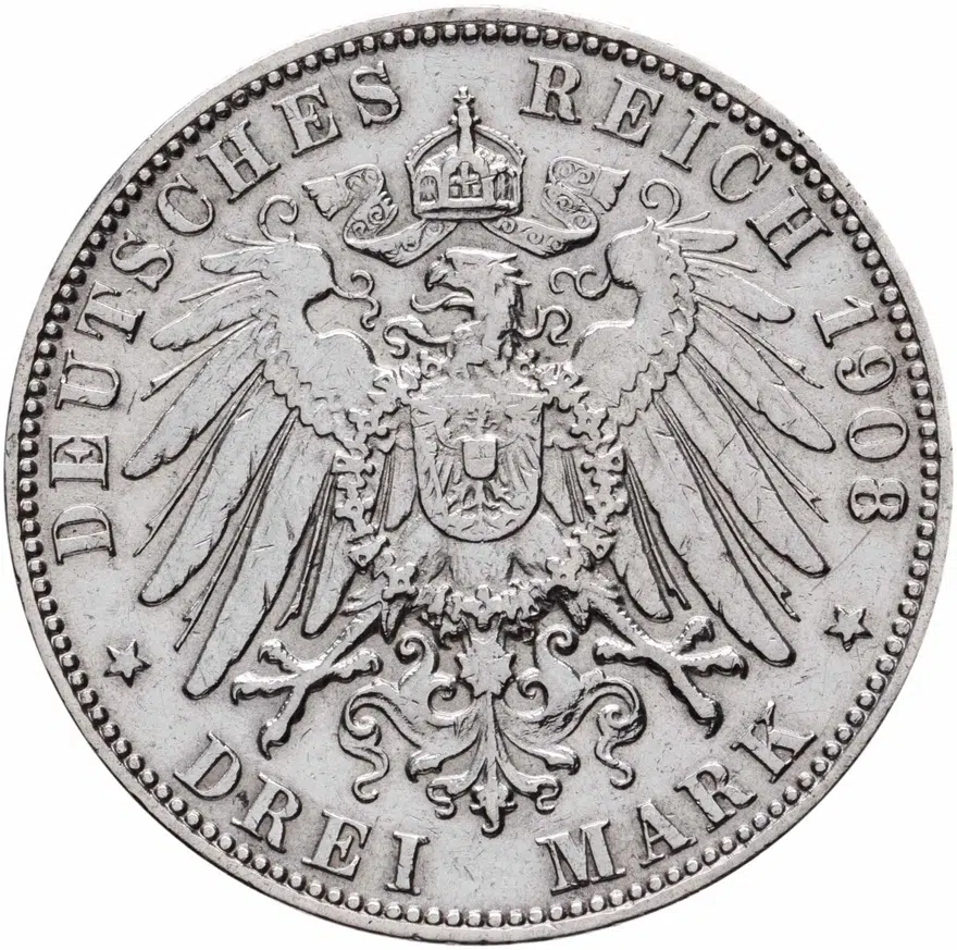Германия (Империя) 3 марки (mark) 1908 J  Гамбург, реверс