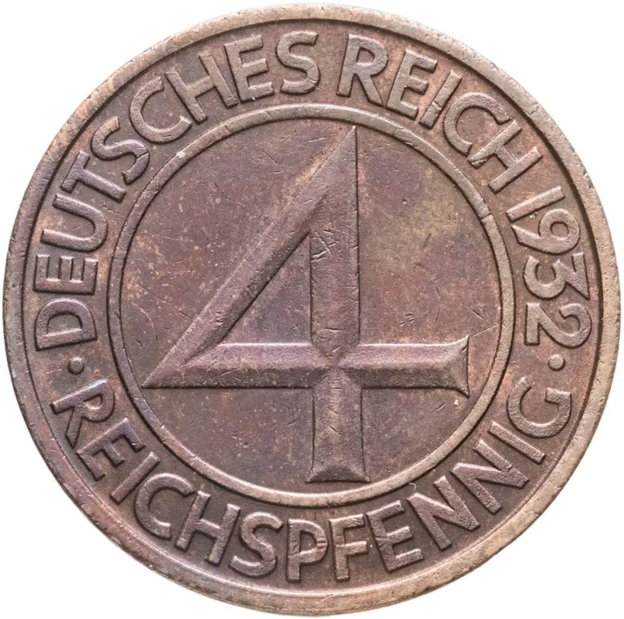 Германия (Веймарская республика) 4 рейх пфеннига (reichspfennig) 1932 J, аверс