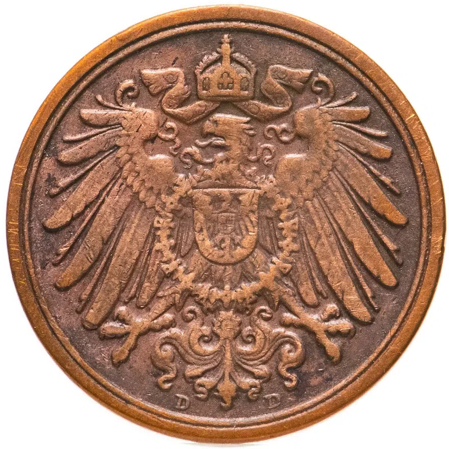 Германия 1 пфенниг (pfennig) 1907 D  знак монетного двора: "D" - Мюнхен, реверс