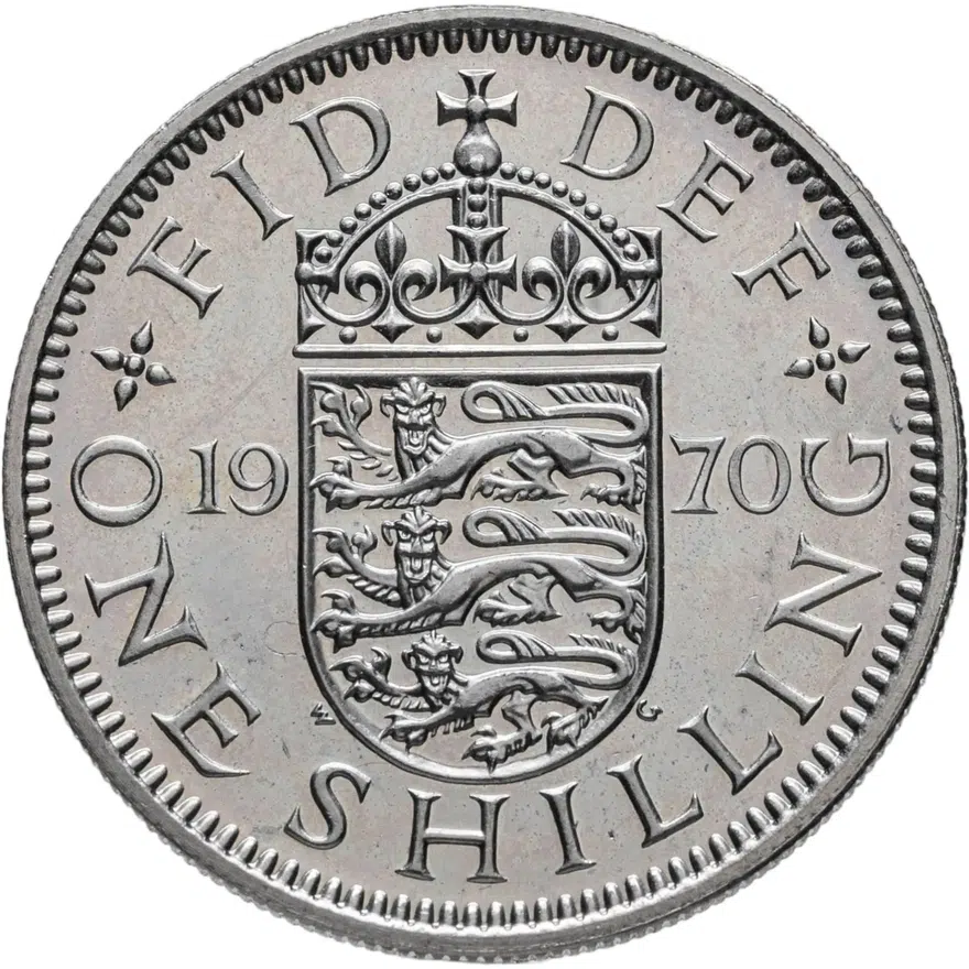 Великобритания 1 шиллинг (shilling) 1970 Английский герб - 3 льва внутри коронованного щита, реверс