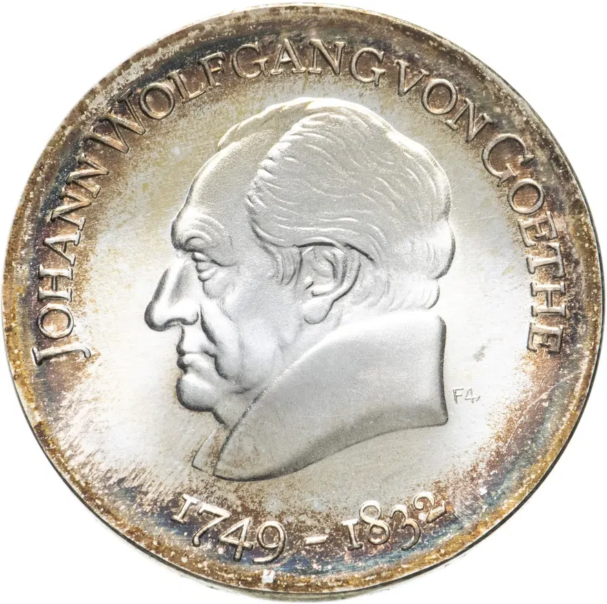 Германия (ГДР) 20 марок (mark) 1969 "220 лет со дня рождения Гёте" в футляре, реверс