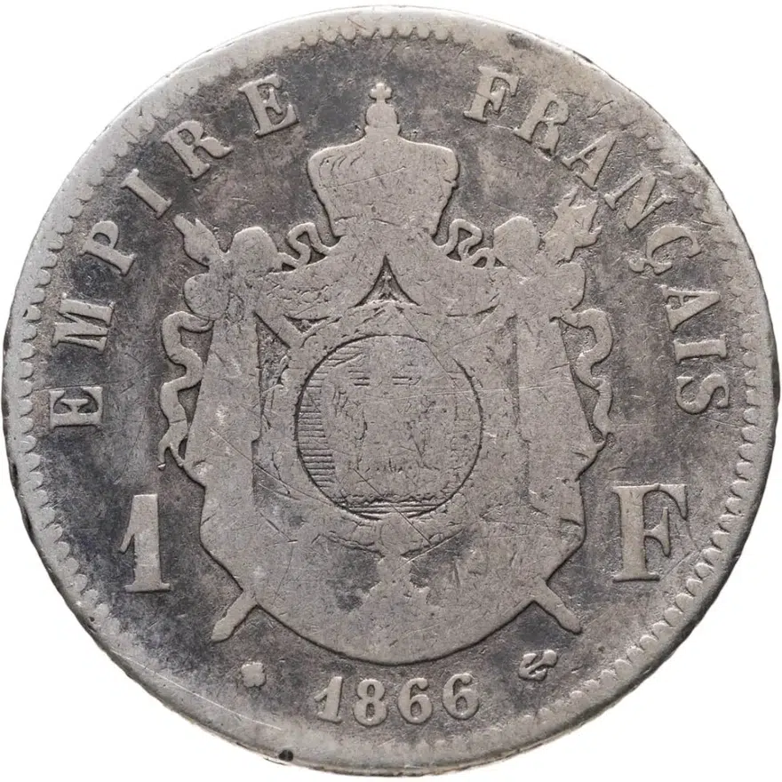 Франция 1 франк (franc) 1866 A  знак монетного двора: "A" - Париж