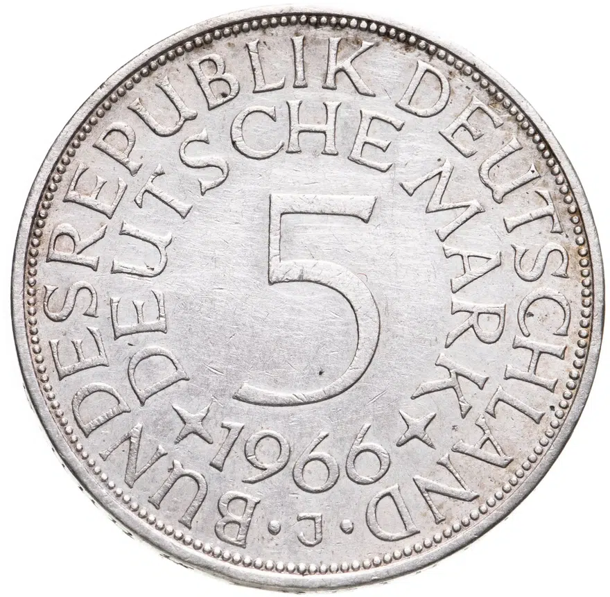 Германия 5 марок (mark) 1966 J  знак монетного двора: "J" - Гамбург, аверс