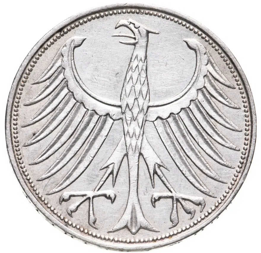 Германия 5 марок (mark) 1966 J  знак монетного двора: "J" - Гамбург, реверс