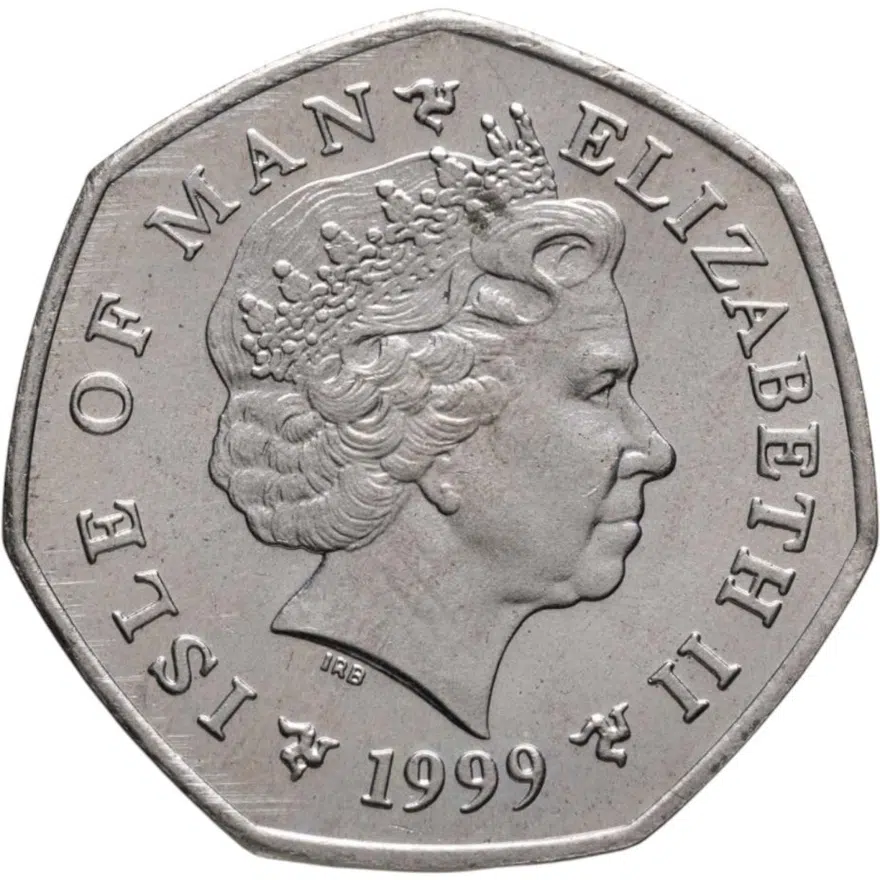 Остров Мэн. 50 пенсов (pence) 1999. "Рождество", отметка штемпеля "АA", аверс