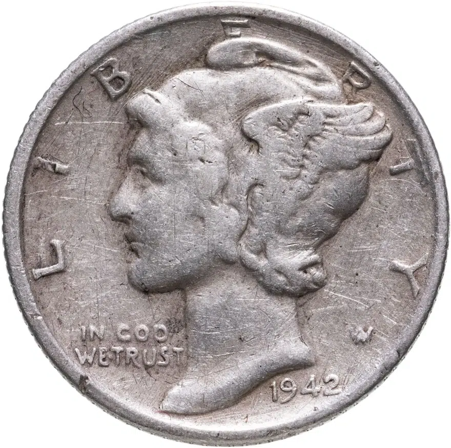 США 10 центов (дайм, one dime) 1942 S Mercury Dime (дайм «Меркурий») знак монетного двора "S" - Сан-Франциско, аверс