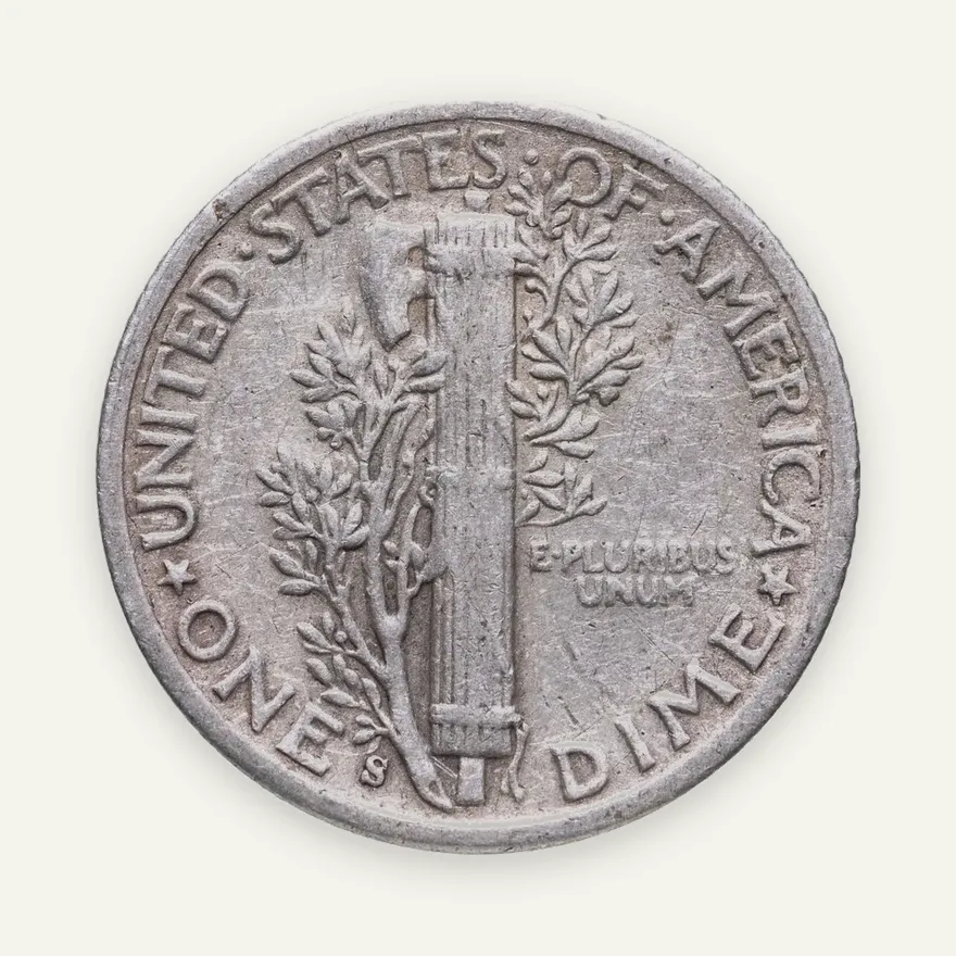 США 10 центов (дайм, one dime) 1942 S Mercury Dime (дайм «Меркурий») знак монетного двора "S" - Сан-Франциско, реверс