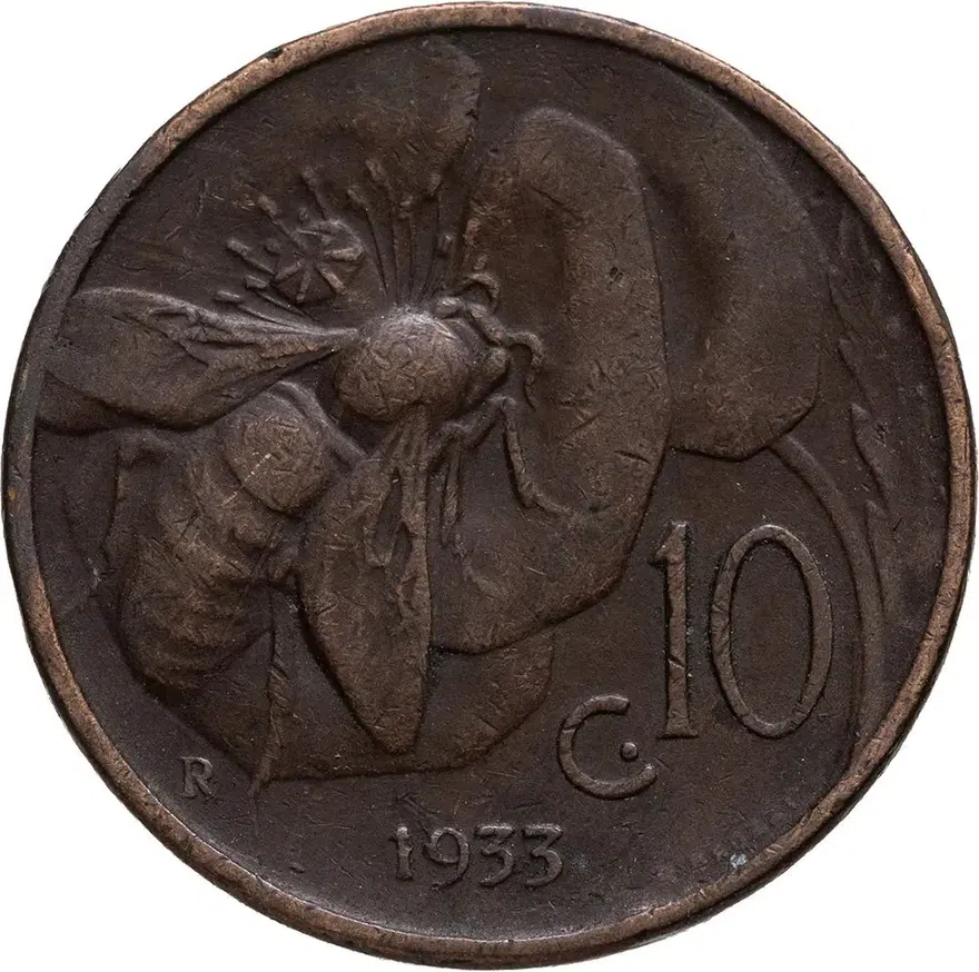 Италия 10 чентезимо (centesimi) 1933, реверс