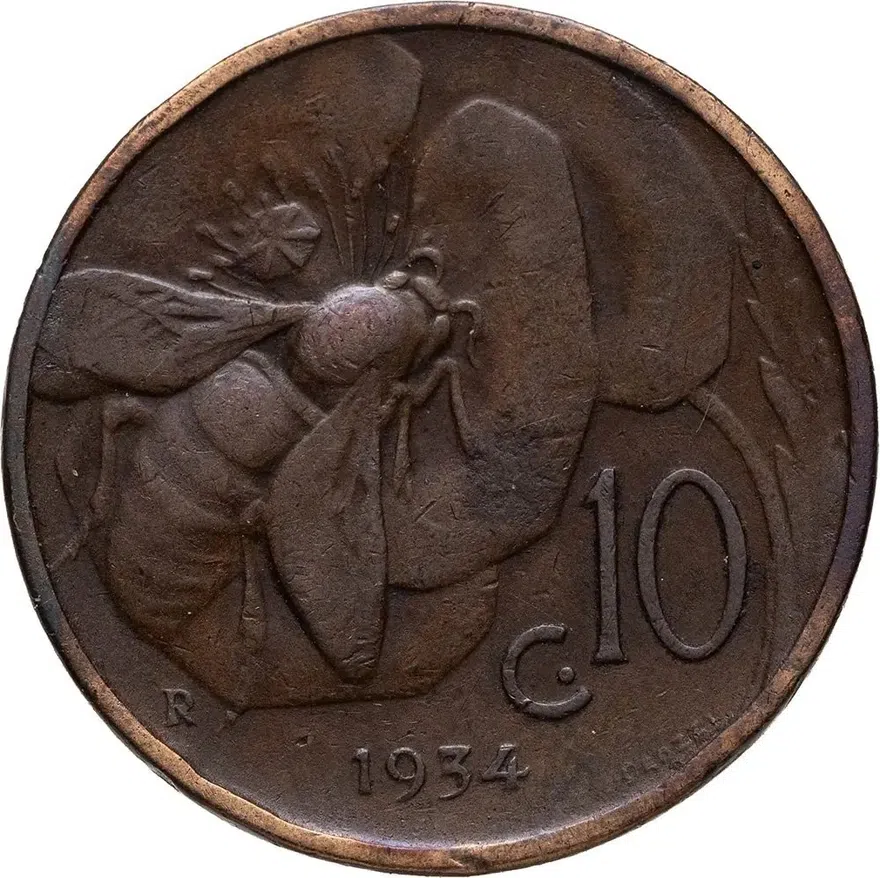 Италия 10 чентезимо (centesimi) 1934, реверс