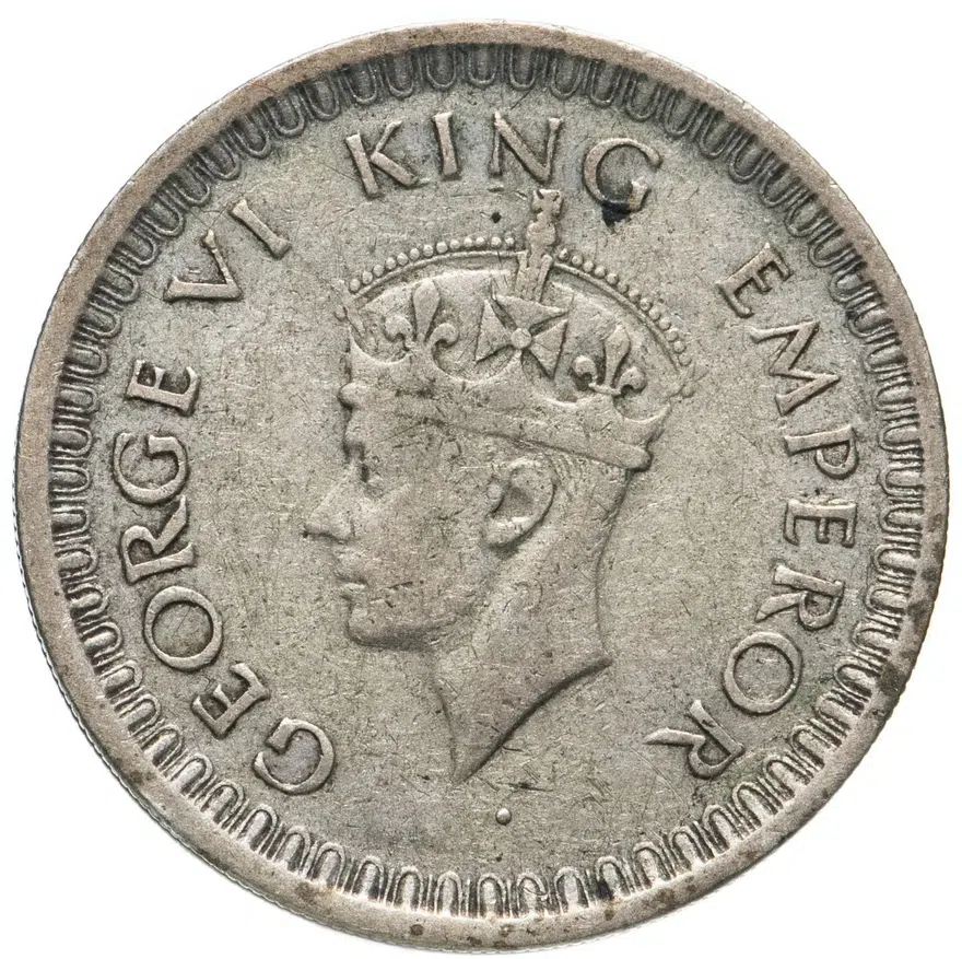 Индия (Британская) 1/2 рупии (rupee) 1943 •  знак монетного двора: "•" - Бомбей, аверс