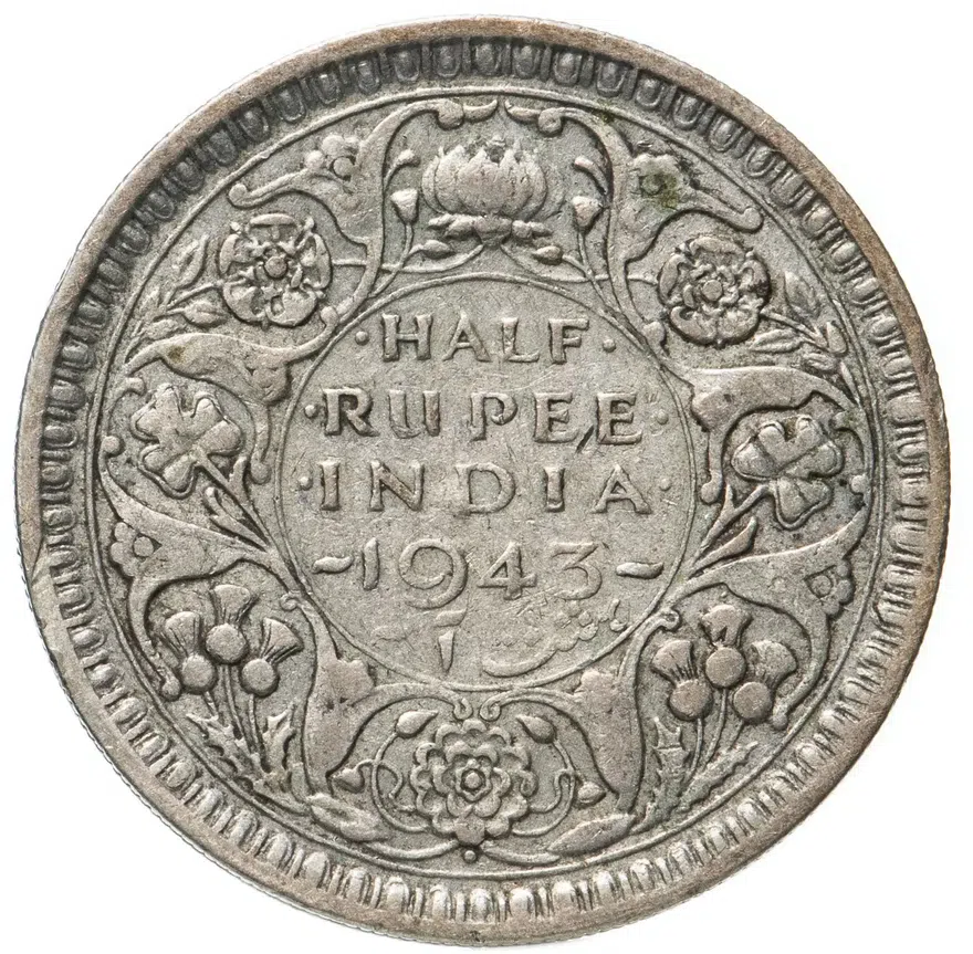 Индия (Британская) 1/2 рупии (rupee) 1943 •  знак монетного двора: "•" - Бомбей, реверс